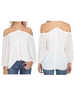 NWT 1 State Nordstrom’s M White Cold Shoulder Halter Chiffon Blouse Top in Cloud